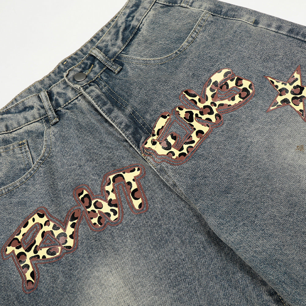 Leopard print letter curved knife jeans