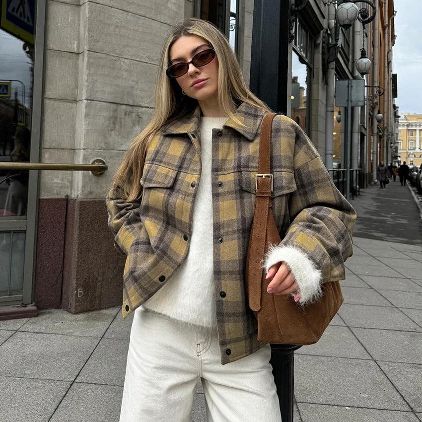 Checkered wool coat women's retro loose woolen coat by eprolo