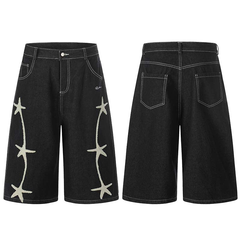Star Plush Embroidery Washed Denim Cropped Pants