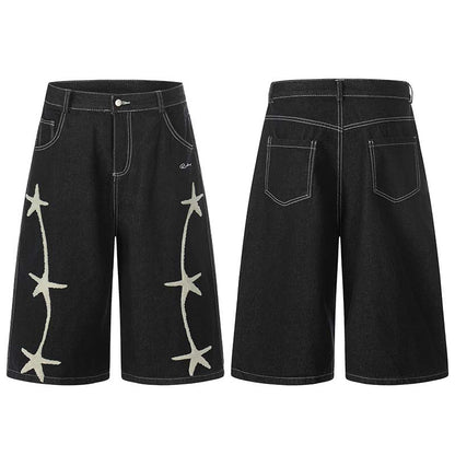 Star Plush Embroidery Washed Denim Cropped Pants