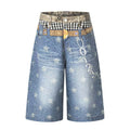 Star 3D digital printed washed denim cropped pants
