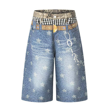Star 3D digital printed washed denim cropped pants