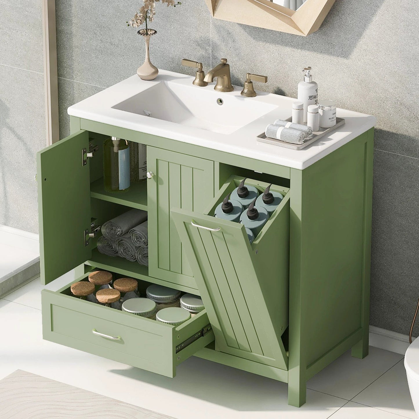 36 inch bathroom vanity with sink, one double door cabinet one large drawer and one flip drawer solid wood and MDF board, green by eprolo