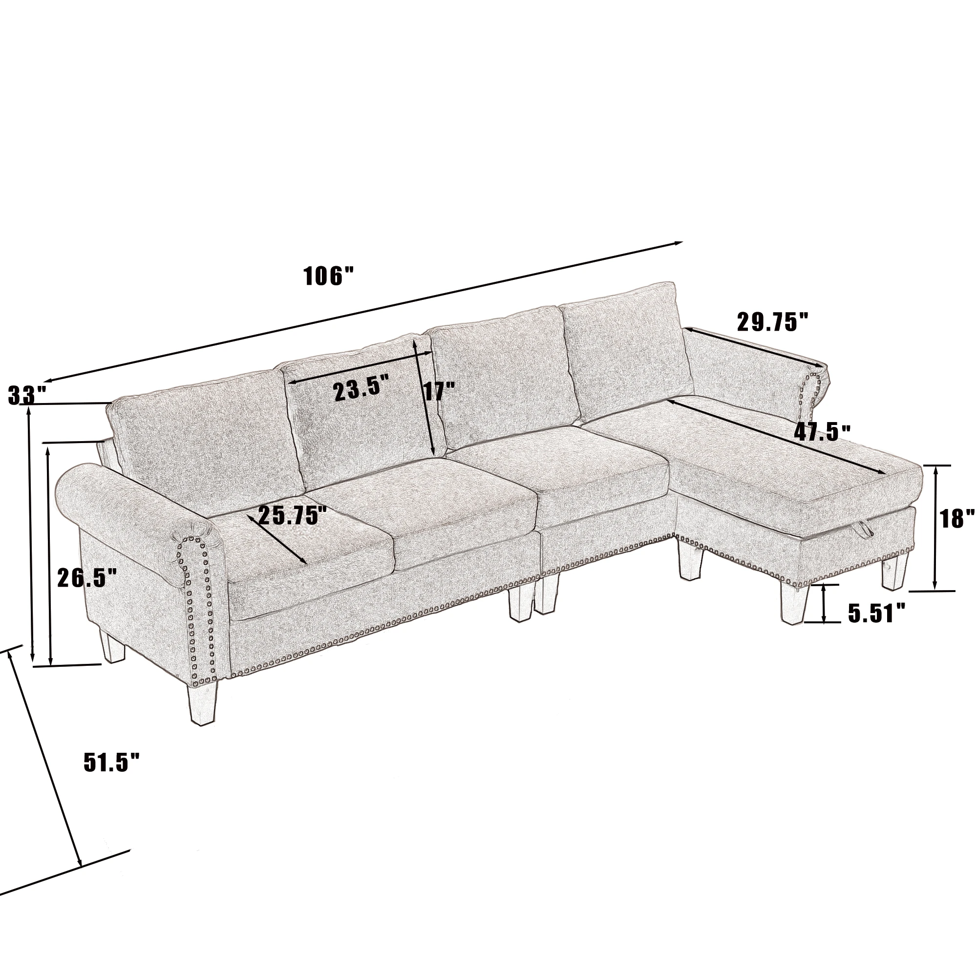 Convertible Sectional Sofa with Storage,L-shaped sofa,Four-seater sofa,Modern Linen Fabric Sectional Couches Beige by eprolo
