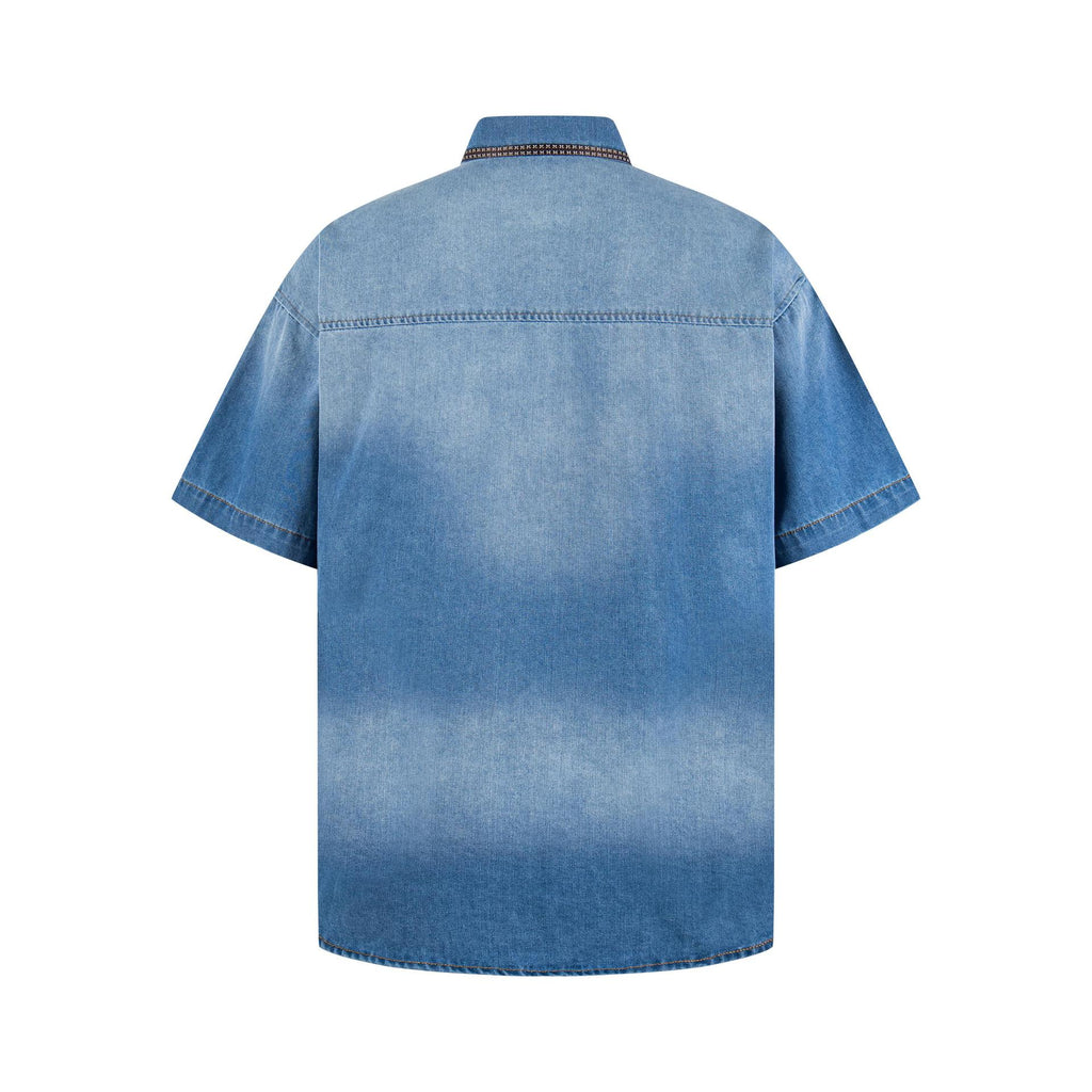 Cat embroidered denim short sleeved shirt