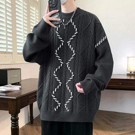 Mens premium cotton-blend crewneck sweater with cable-knit pattern