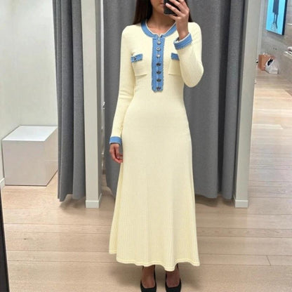 Autumn/Winter New Long Sleeve Denim Knit Maxi Dress, Simple Short Sleeve Long Dress, Slim Fit Sweater Dress V-Neck by eprolo
