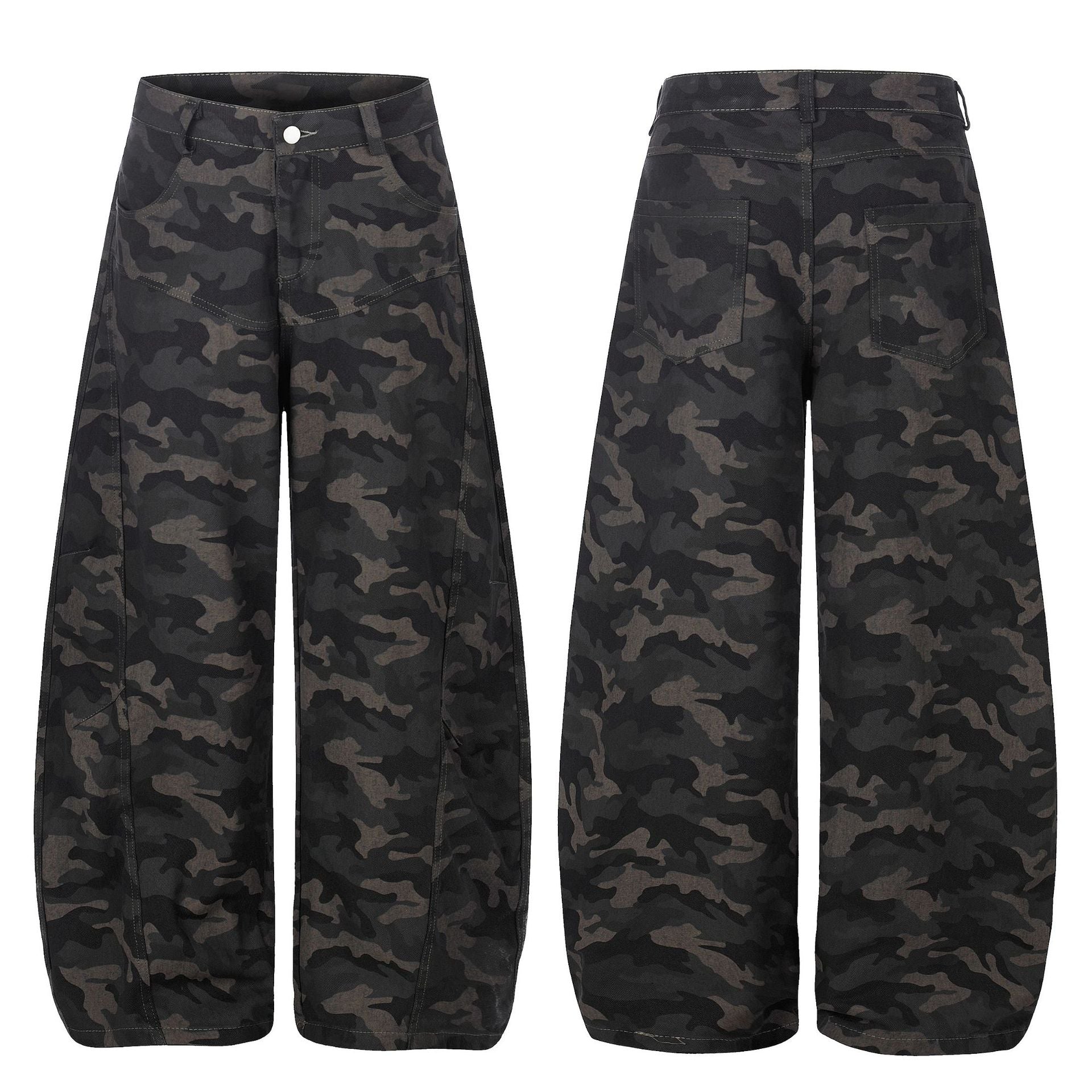 Camouflage Cargo Knife-Style Denim Pants, Unisex, Loose Wide-Leg