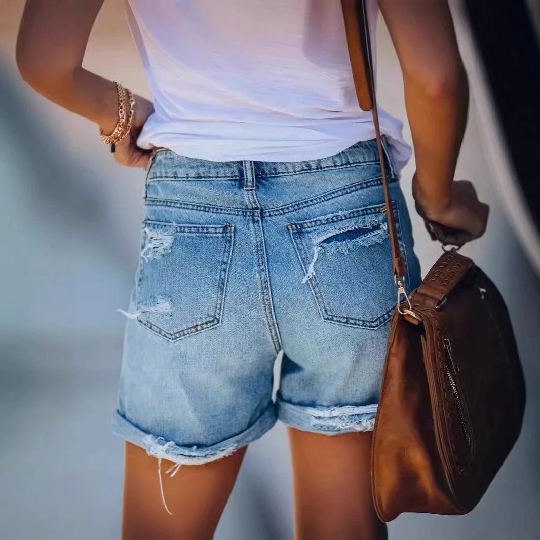 Street Style Ripped Straight Leg Wide Leg Denim Shorts for Women by eprolo
