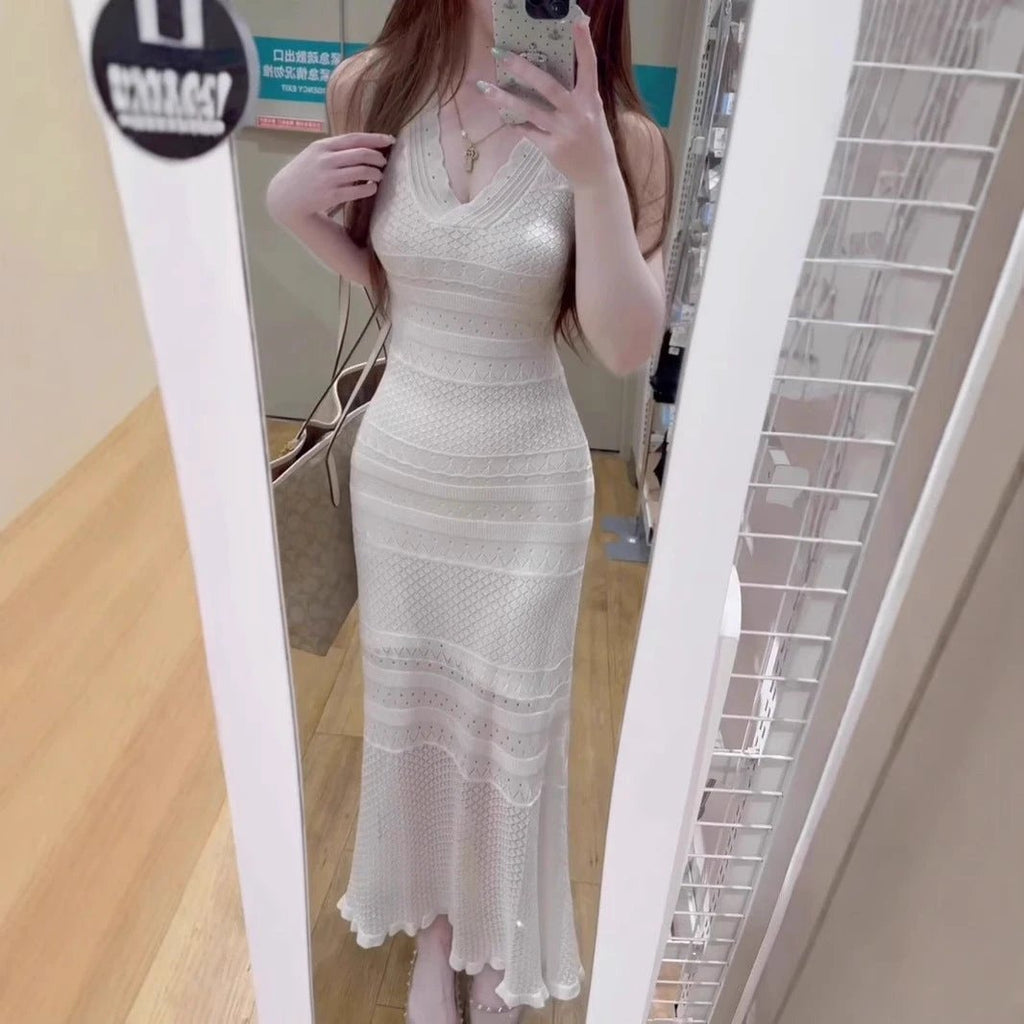 Chic Hollow Knit Dress, Sleeveless Long Dress by eprolo