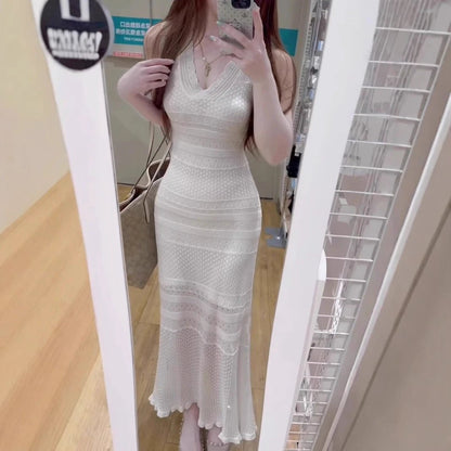 Chic Hollow Knit Dress, Sleeveless Long Dress by eprolo