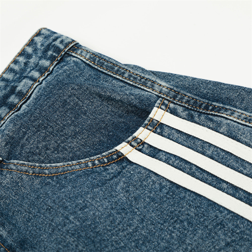 Three bar washed denim curved knife pants