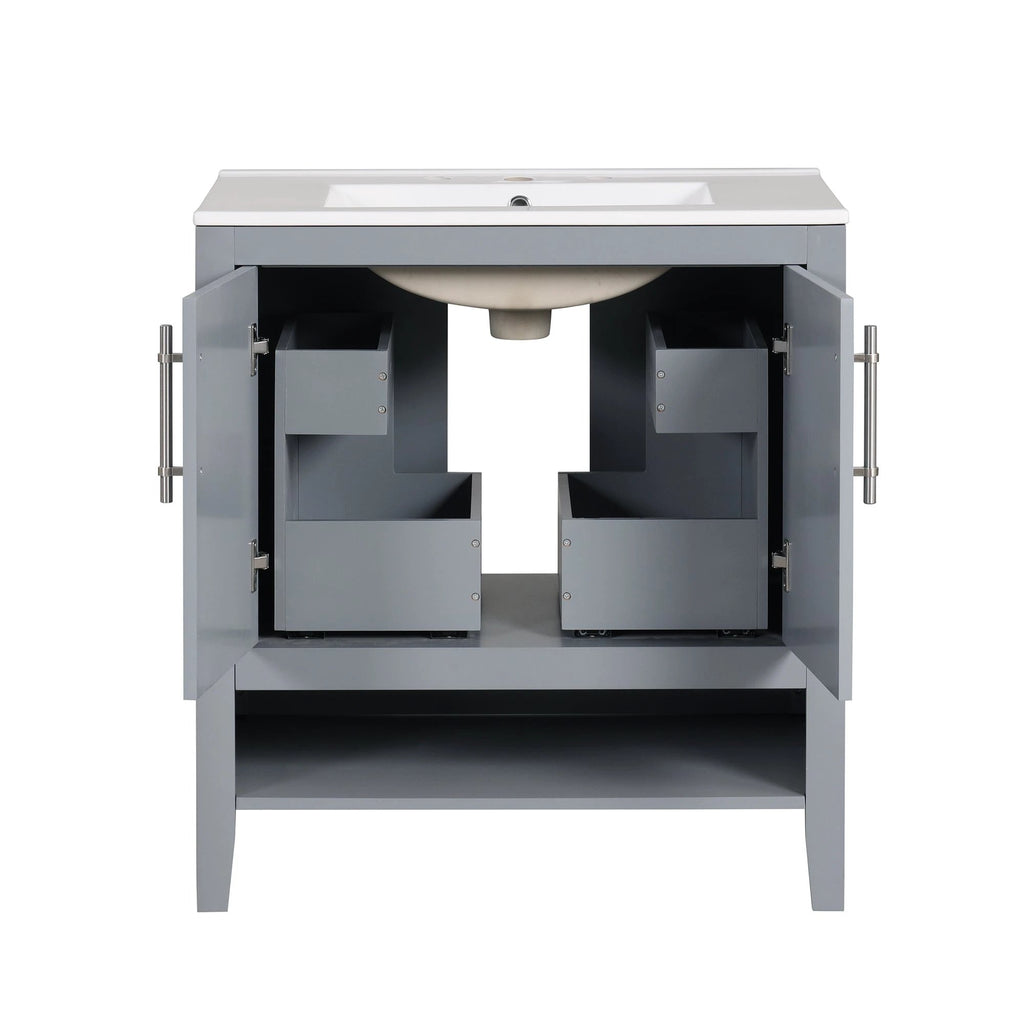 30" Bathroom Vanity with Sink, Multi-functional Bathroom Cabinet with Doors and Drawers, Solid Frame and MDF Board, Grey by eprolo