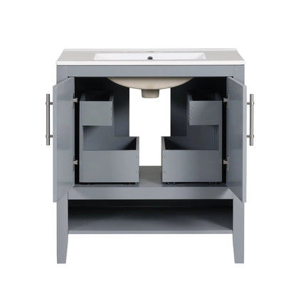 30" Bathroom Vanity with Sink, Multi-functional Bathroom Cabinet with Doors and Drawers, Solid Frame and MDF Board, Grey by eprolo