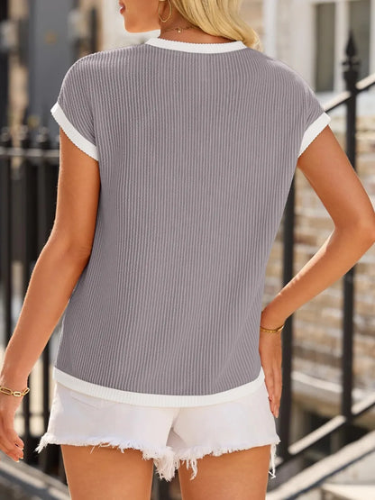 Women's short sleeved T-shirt basic ribbed knit T-shirt