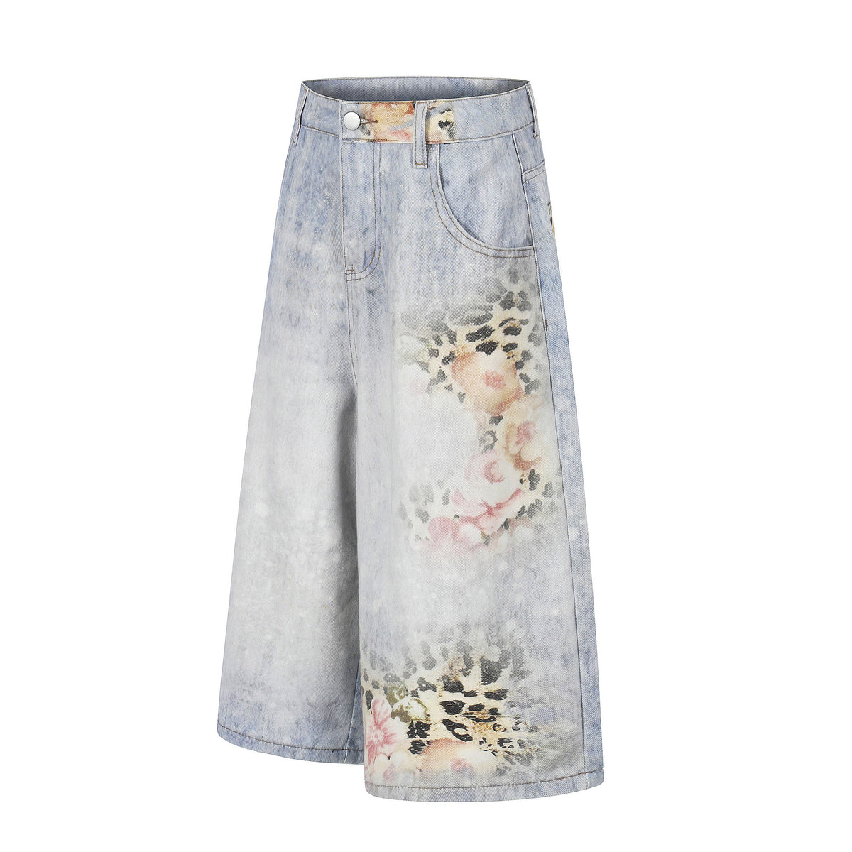 Pantalones cortos unisex de mezclilla con estampado de leopardo, pierna ancha suelta, estilo urbano lavado y desgastado, de longitud media