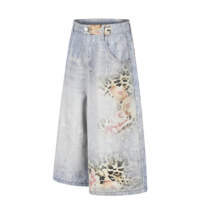 Pantalones cortos unisex de mezclilla con estampado de leopardo, pierna ancha suelta, estilo urbano lavado y desgastado, de longitud media