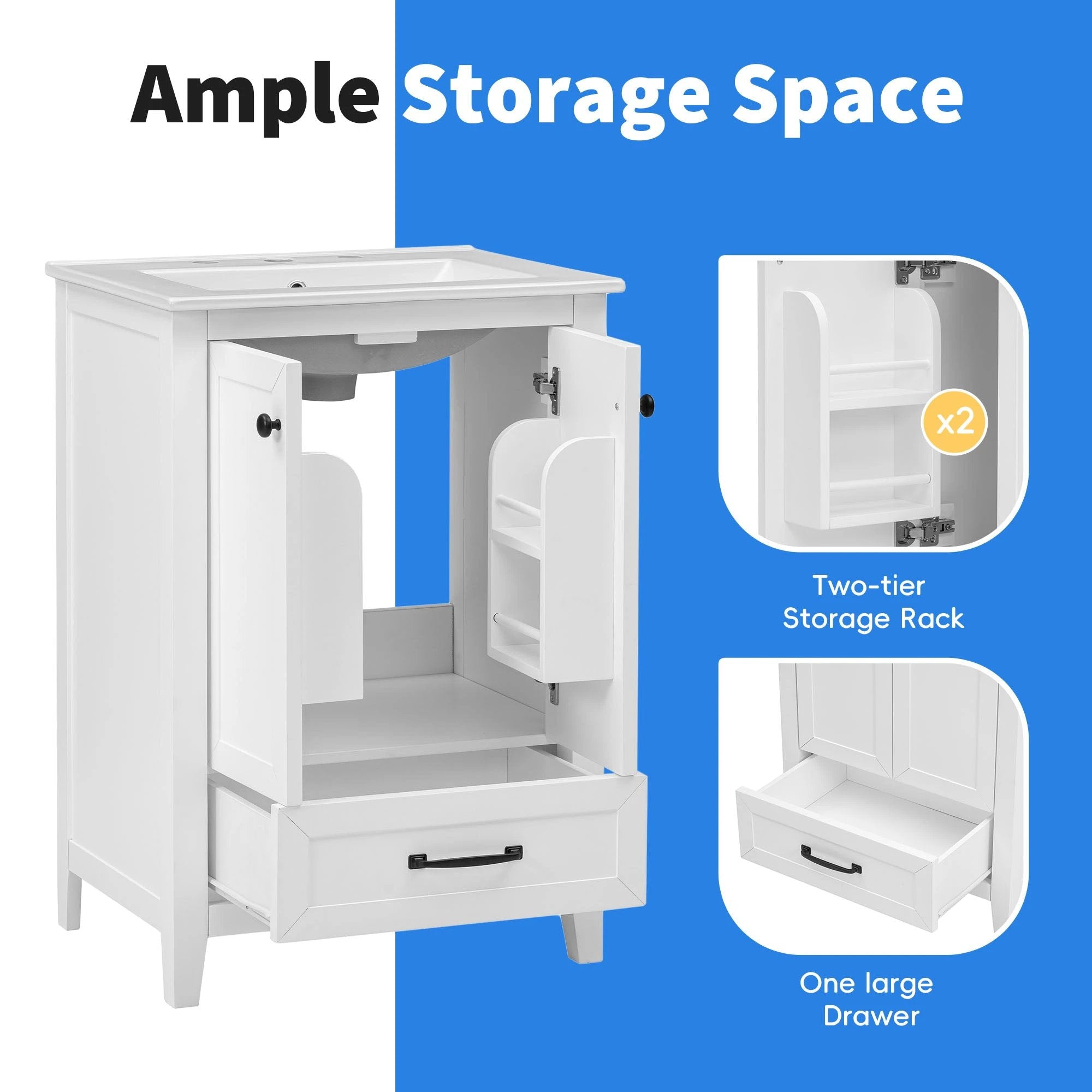 24" Bathroom Vanity with Sink, Bathroom Vanity Cabinet with One Drawer and Doors, Solid Wood and MDF, White by eprolo