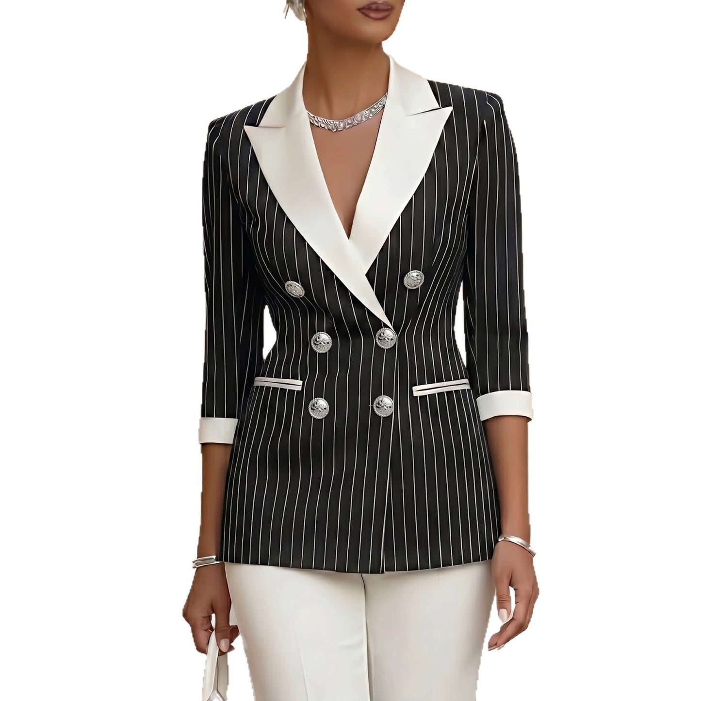 llamativa chaqueta de traje cruzada.