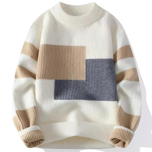 eprolo Classic men's relaxed-fit color-block knit sweater, cream with beige and slate blocks, long sleeves