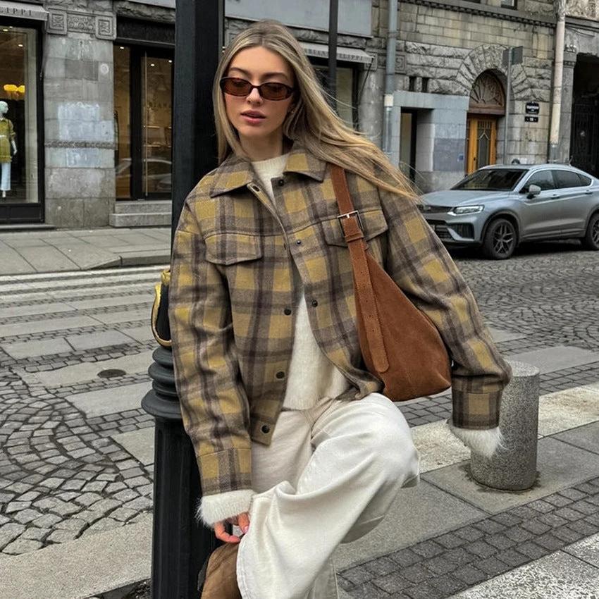 Checkered wool coat women's retro loose woolen coat by eprolo