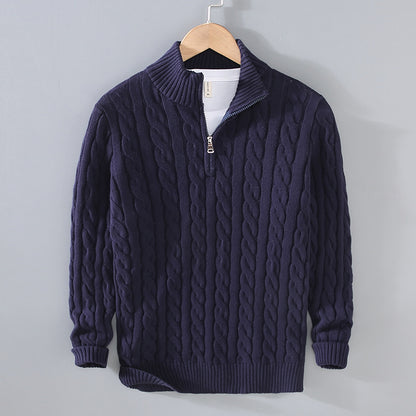 Men's Thickened Coarse Knit Mock Neck Zipper Loose Pullover Sweater