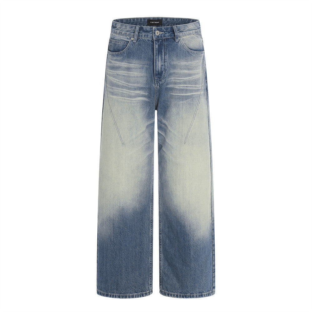 Jeans en jean délavé et poli à empiècements de couleur
