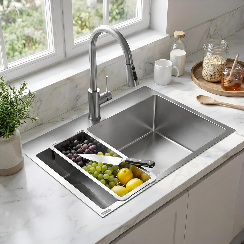 Aqua 304 Handmade  (21 x 18 x 09 ) Inch SS Single Bowl Tap Hole Round Coupling Silver Kitchen Sink-0