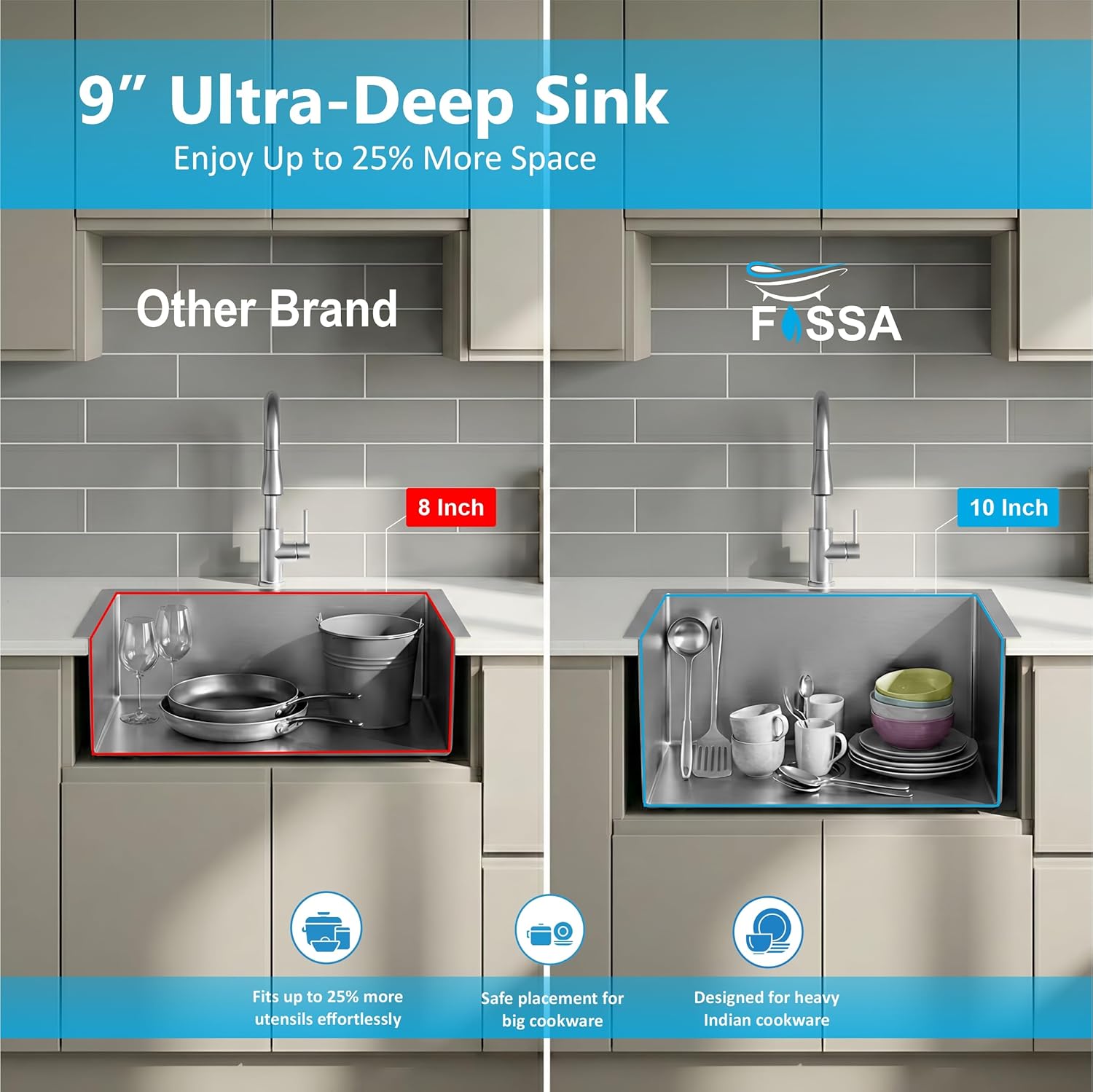Aqua 304 Handmade  (21 x 18 x 09 ) Inch SS Single Bowl Tap Hole Round Coupling Silver Kitchen Sink-4