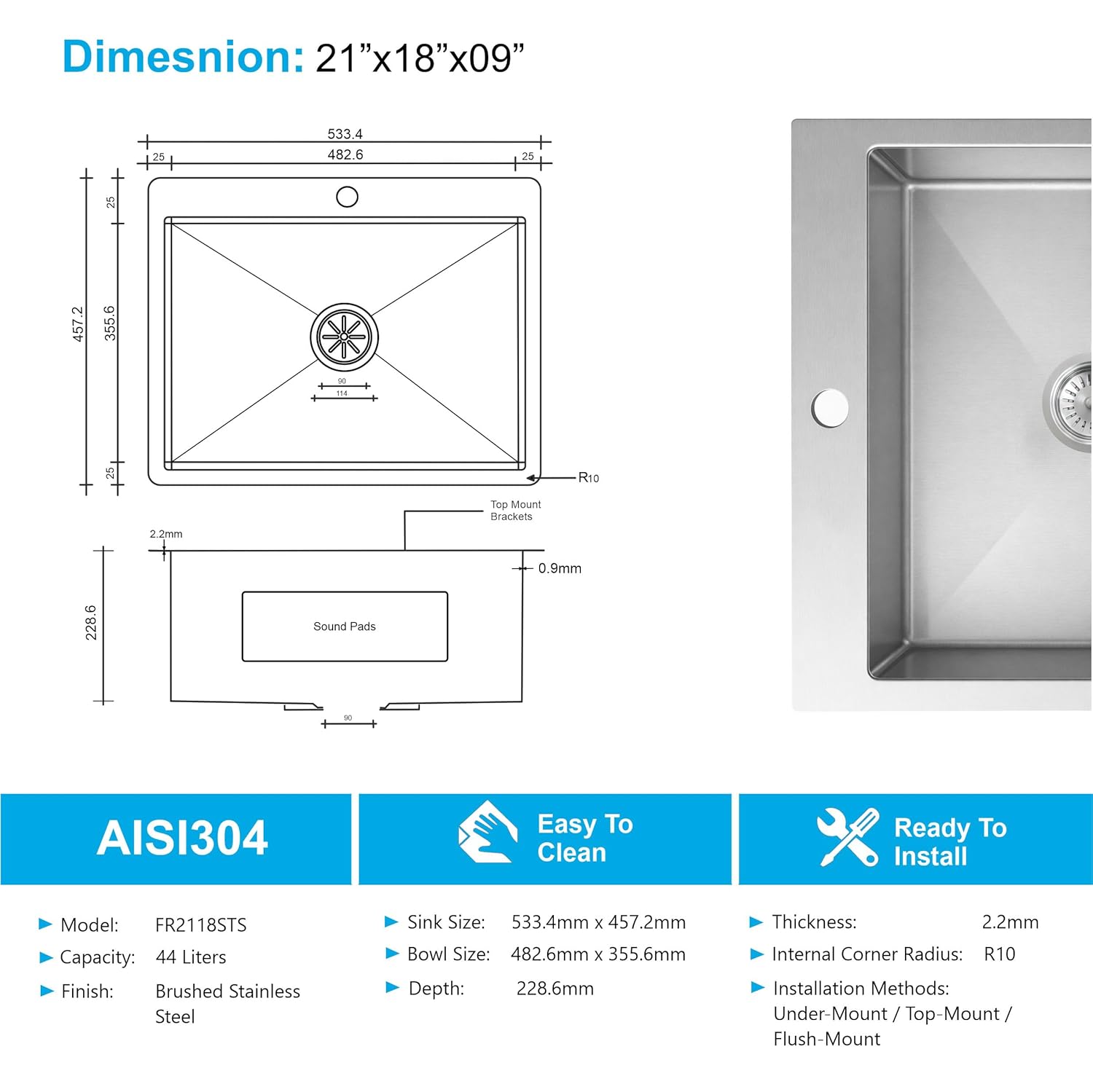 Aqua 304 Handmade  (21 x 18 x 09 ) Inch SS Single Bowl Tap Hole Round Coupling Silver Kitchen Sink-1