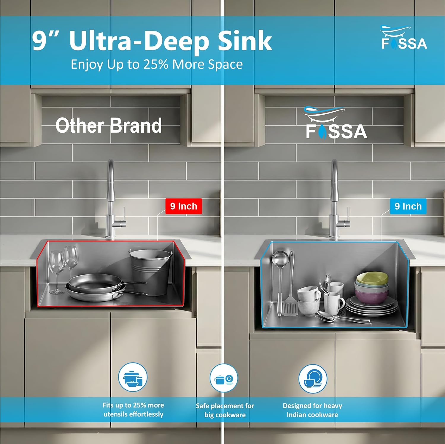 Aqua 304 Handmade (21 x 18 x 09 ) Inch SS Square Coupling Single Bowl Silver Kitchen Sink-3