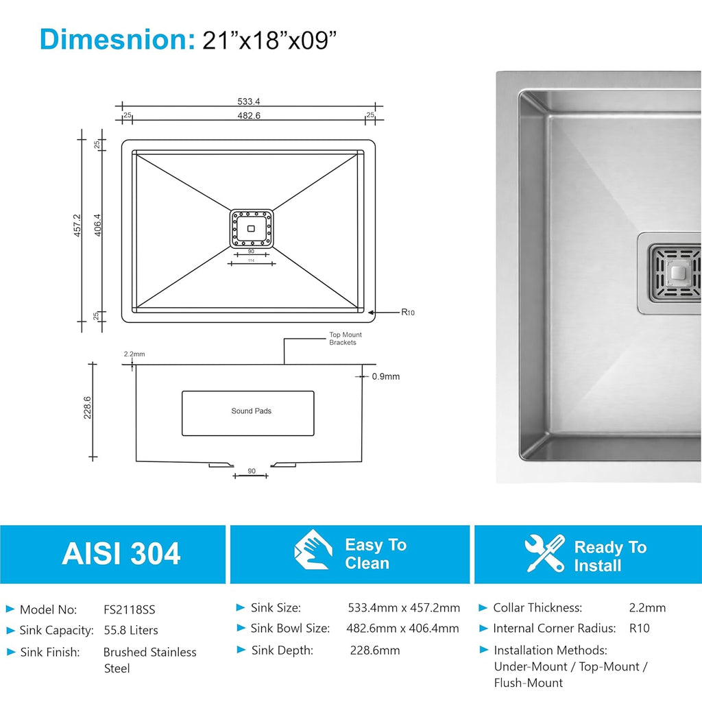 Aqua 304 Handmade (21 x 18 x 09 ) Inch SS Square Coupling Single Bowl Silver Kitchen Sink-1