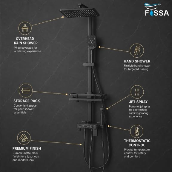 Aspire Thermostatic Rainfall & Waterfall Shower Panel Set Brass (Black)-2