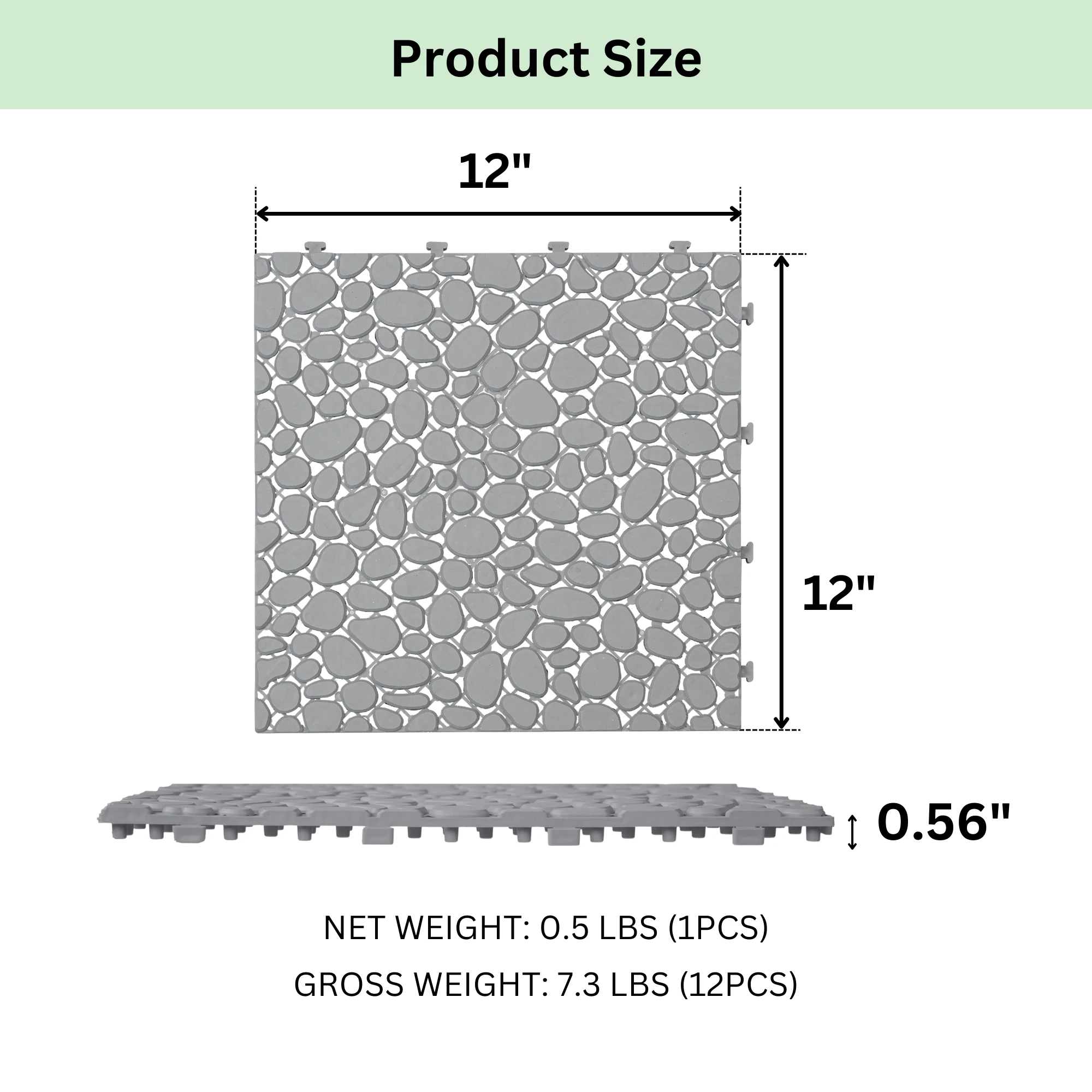 12 x 12 inch gray interlocking deck tiles, plastic waterproof pebble pattern, pack of 12 pieces by eprolo
