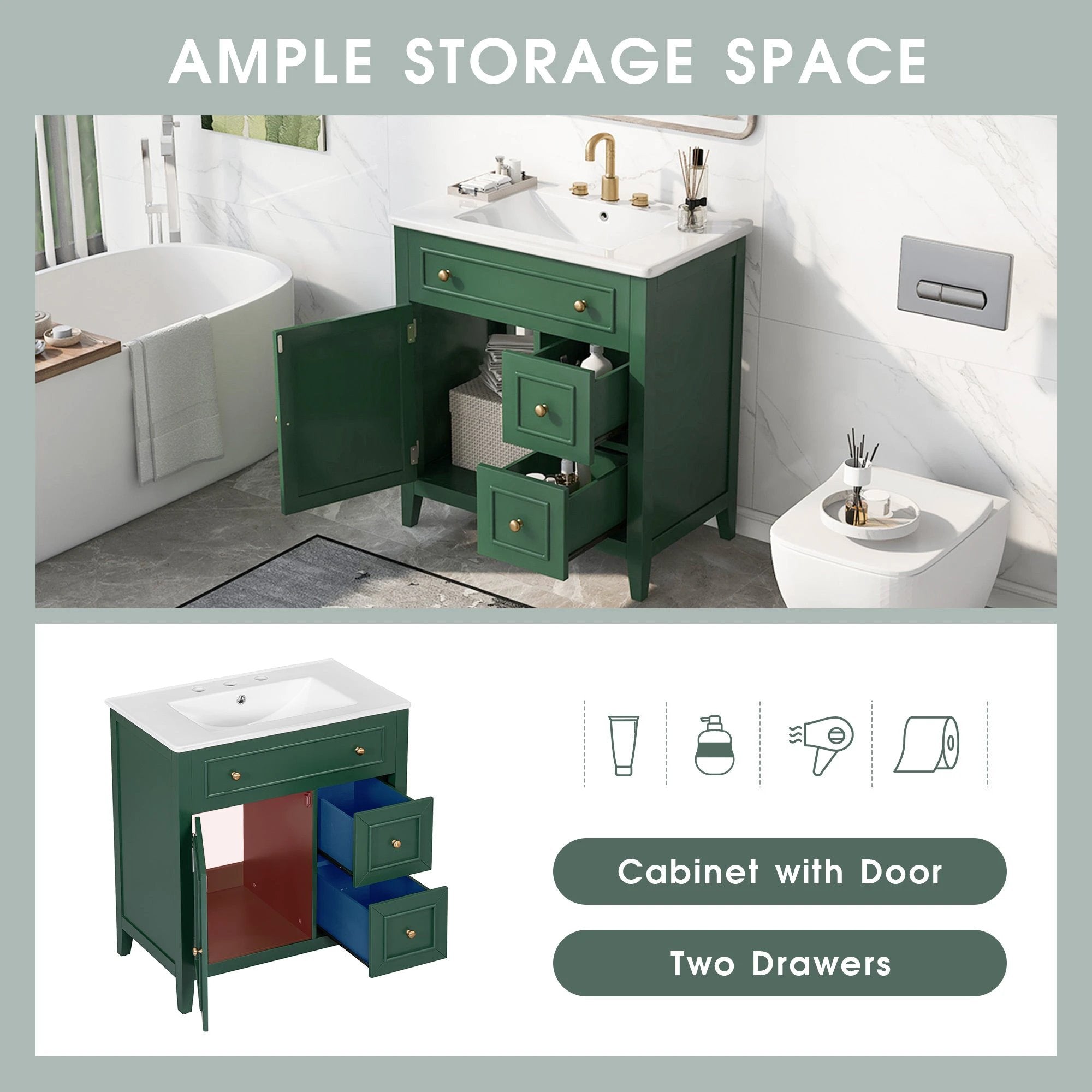 30" Bathroom Vanity with Sink Top, Bathroom Vanity Cabinet with Door and Two Drawers, Solid Wood Frame, One Package, Green by eprolo
