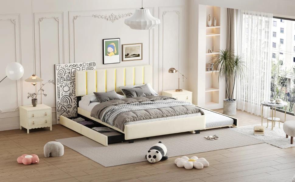 Queen Size Upholstered Platform Bed with 2 Drawers and 1 Trundle, Classic Metal Strip Headboard Design, Beige by eprolo