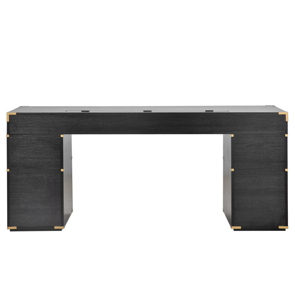 70 inch classic and traditional executive desk with metal trim, writing desk with 2 file drawers, USB ports, and sockets, black by eprolo