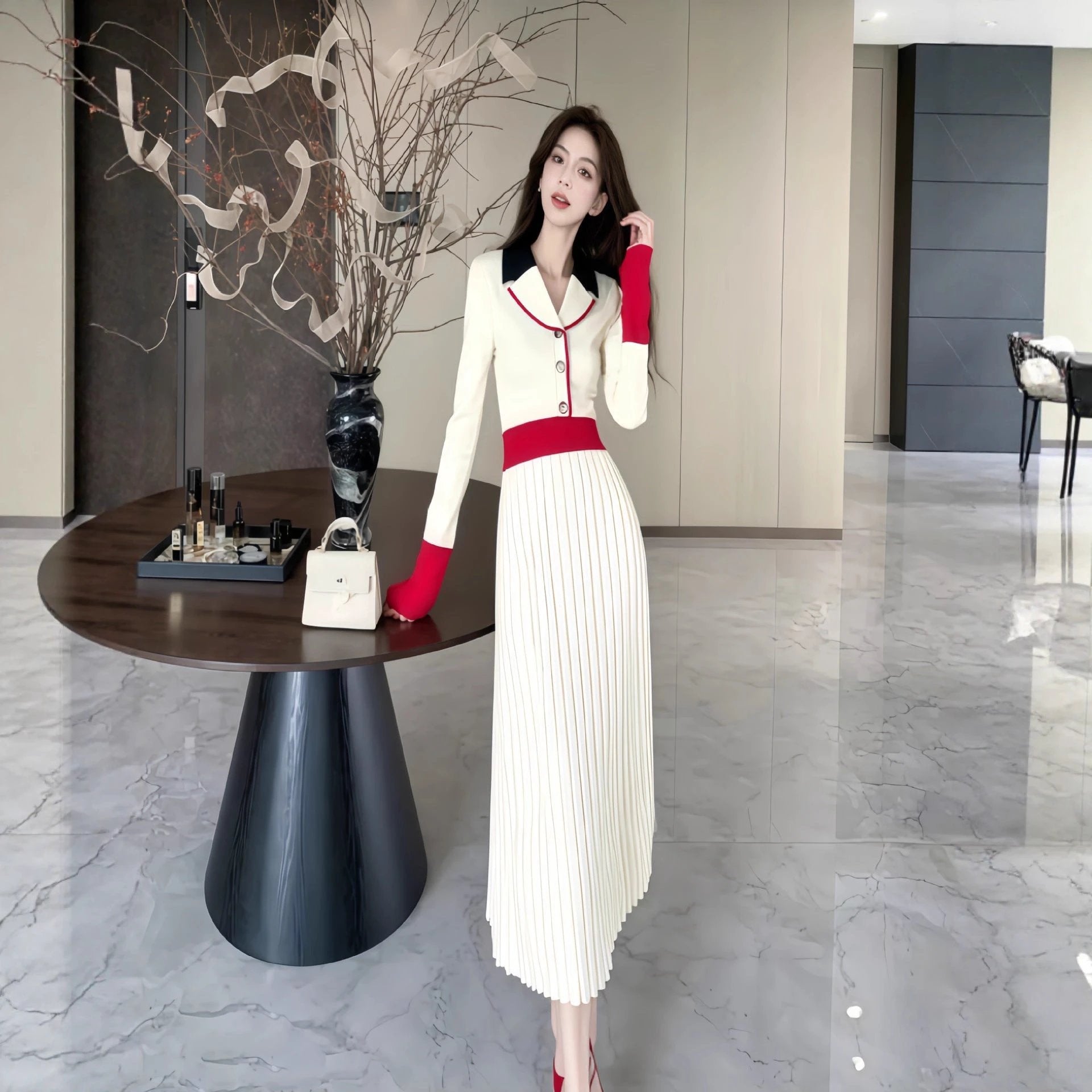 French Vintage Turn-Down Collar Knit Dress for Women, Autumn/Winter New Style Elegant Fitted Waistline Chic Sweater Dress with by eprolo