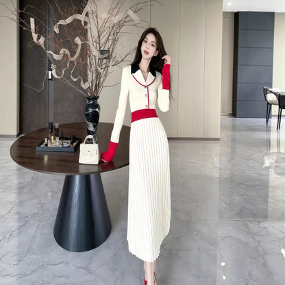 French Vintage Turn-Down Collar Knit Dress for Women, Autumn/Winter New Style Elegant Fitted Waistline Chic Sweater Dress with by eprolo
