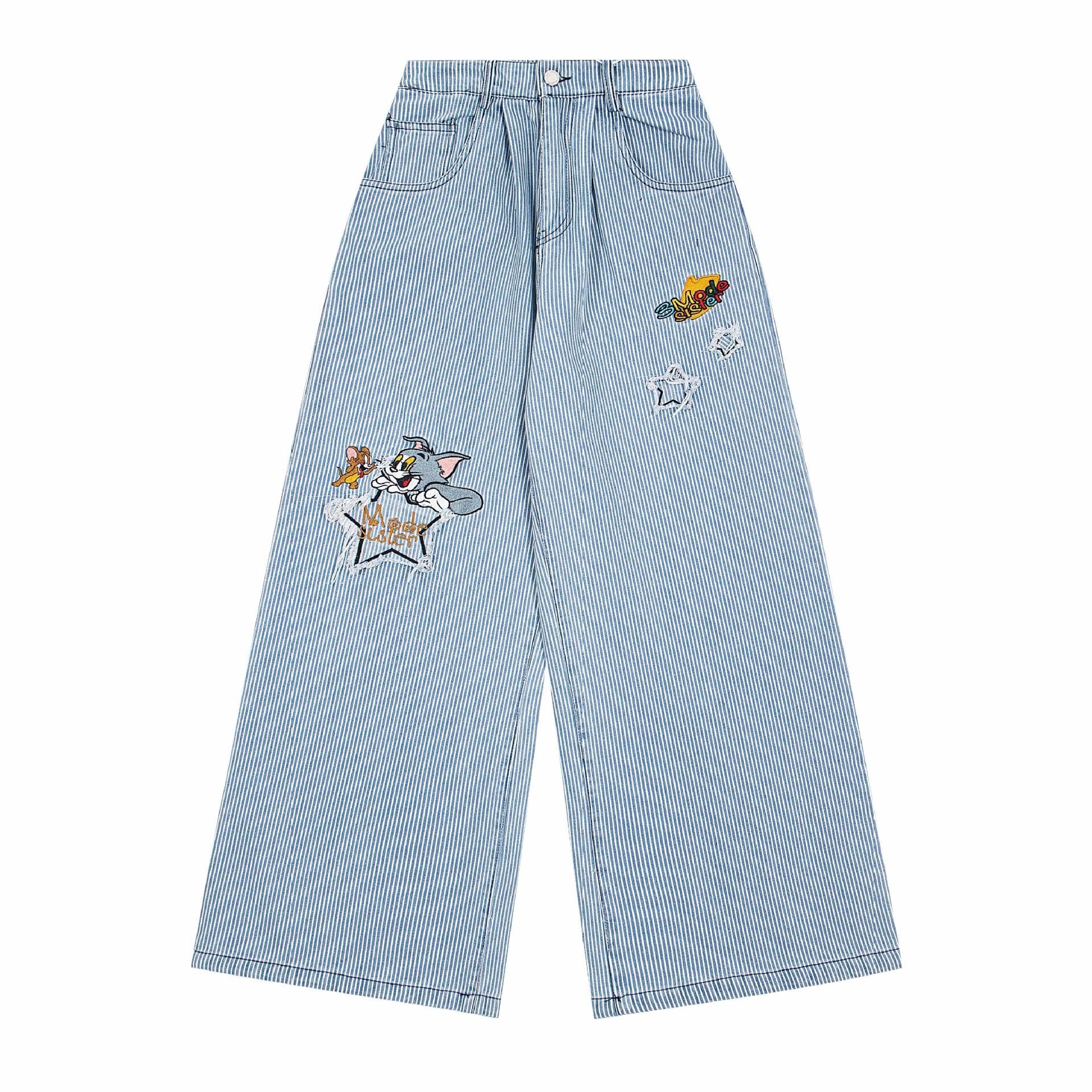 Washed deconstructive striped spliced curved knife jeans