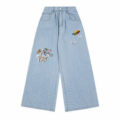 Washed deconstructive striped spliced curved knife jeans