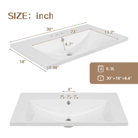 30" Single Bathroom Vanity Top with White Basin, 3-Faucet Holes, Ceramic, White by eprolo