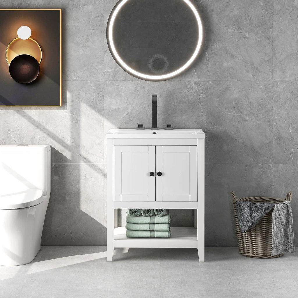 24" White Modern Sleek Bathroom Vanity Elegant Ceramic Sink with Solid Wood Frame Open Style Shelf by eprolo
