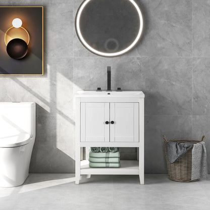 24" White Modern Sleek Bathroom Vanity Elegant Ceramic Sink with Solid Wood Frame Open Style Shelf by eprolo