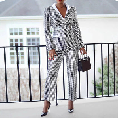 Chic Women's Plaid Office Suit Set Long Sleeve Blazer + Pants Two-Piece Set by eprolo