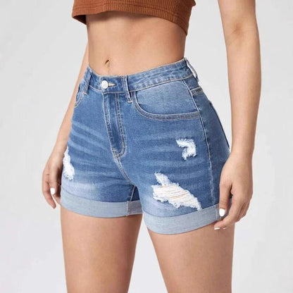 Elastic High-Waist Distressed Cuffed Denim Shorts for Women by eprolo