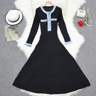 Autumn/Winter New Long Sleeve Denim Knit Maxi Dress, Simple Short Sleeve Long Dress, Slim Fit Sweater Dress V-Neck by eprolo