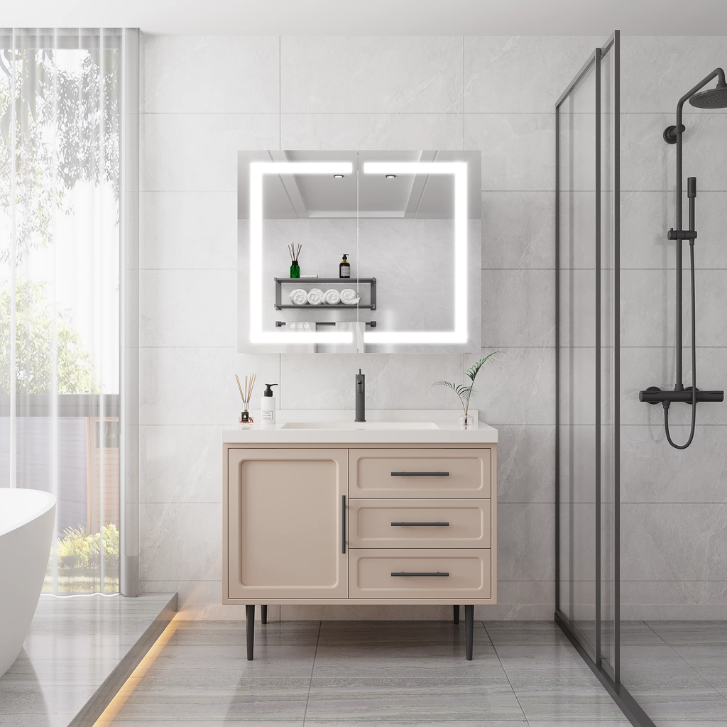 36 x 30 inch Medicine Cabinet with LED Vanity Mirror Anti-Fog Recessed or Surface Mount Waterproof DimmableAluminum 3000K~6000K Lighted Double Door Bathroom Cabinet with Touch Switch by eprolo