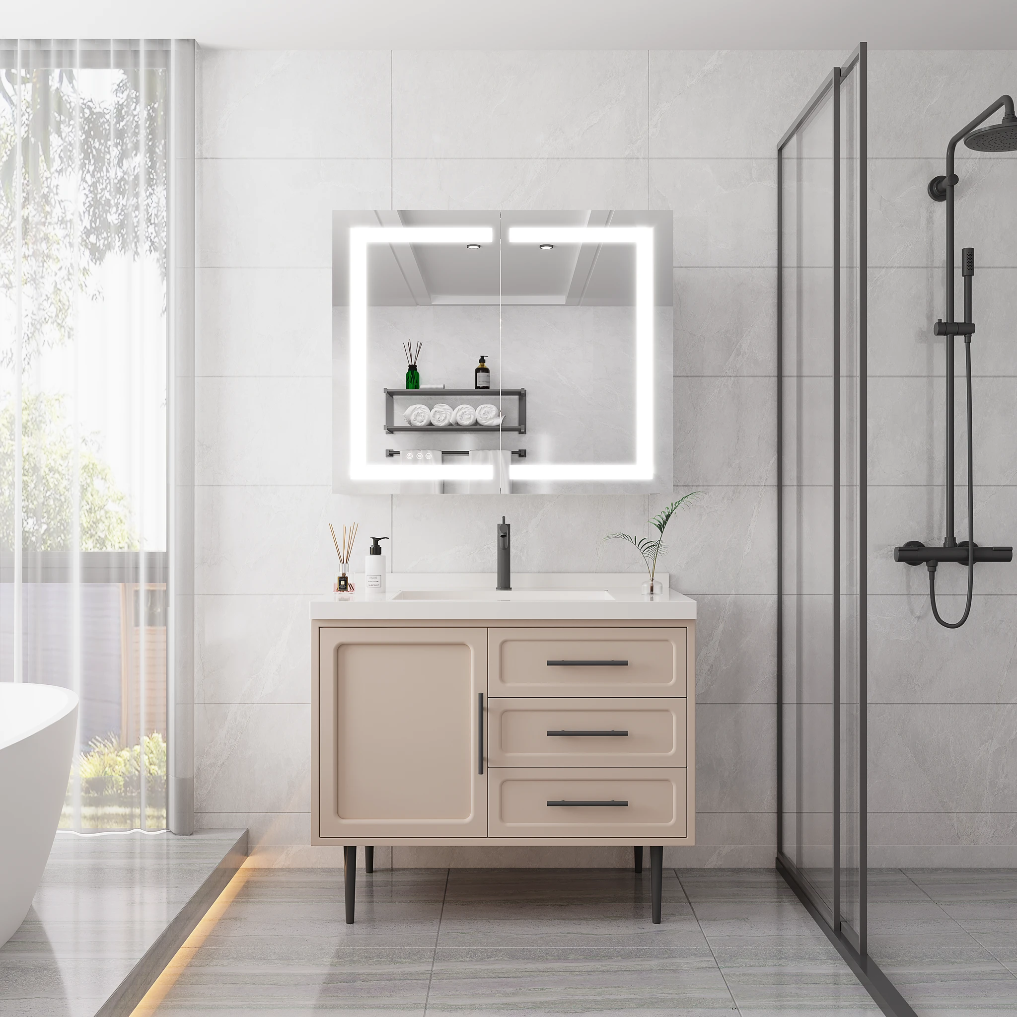 36 x 30 inch Medicine Cabinet with LED Vanity Mirror Anti-Fog Recessed or Surface Mount Waterproof DimmableAluminum 3000K~6000K Lighted Double Door Bathroom Cabinet with Touch Switch by eprolo