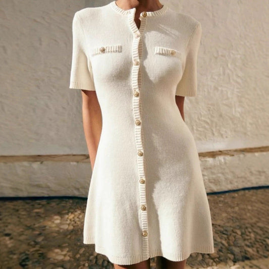 Chic Knit Dress for Women with Metal Buckle, Slim Fit Short Sleeve Waist-CinchingSummer Dress by eprolo